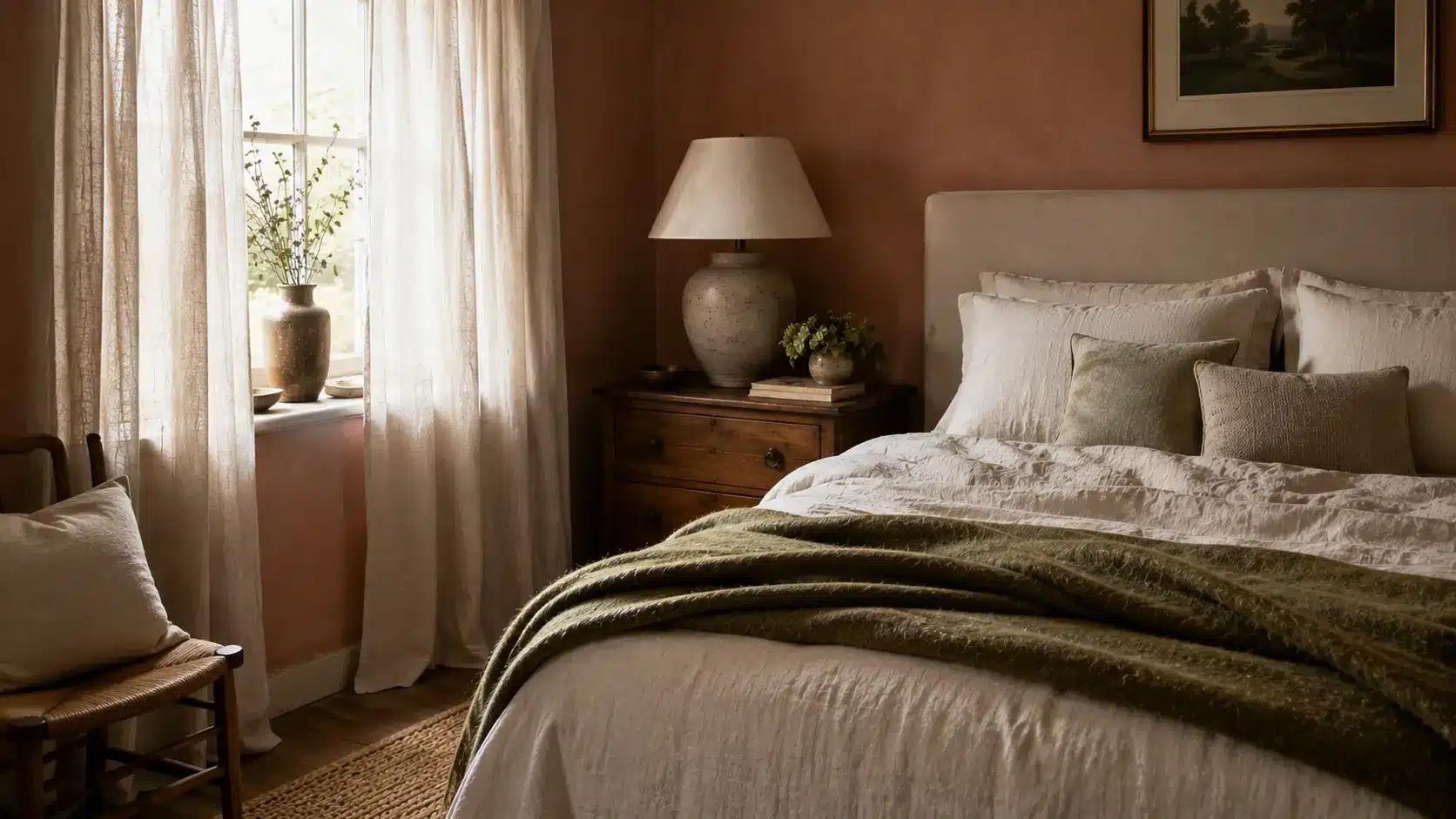 Warm bedroom with terracotta walls, sheer linen curtains, neutral bedding, an olive-green wool throw, a wooden bedside chest, and soft natural light.