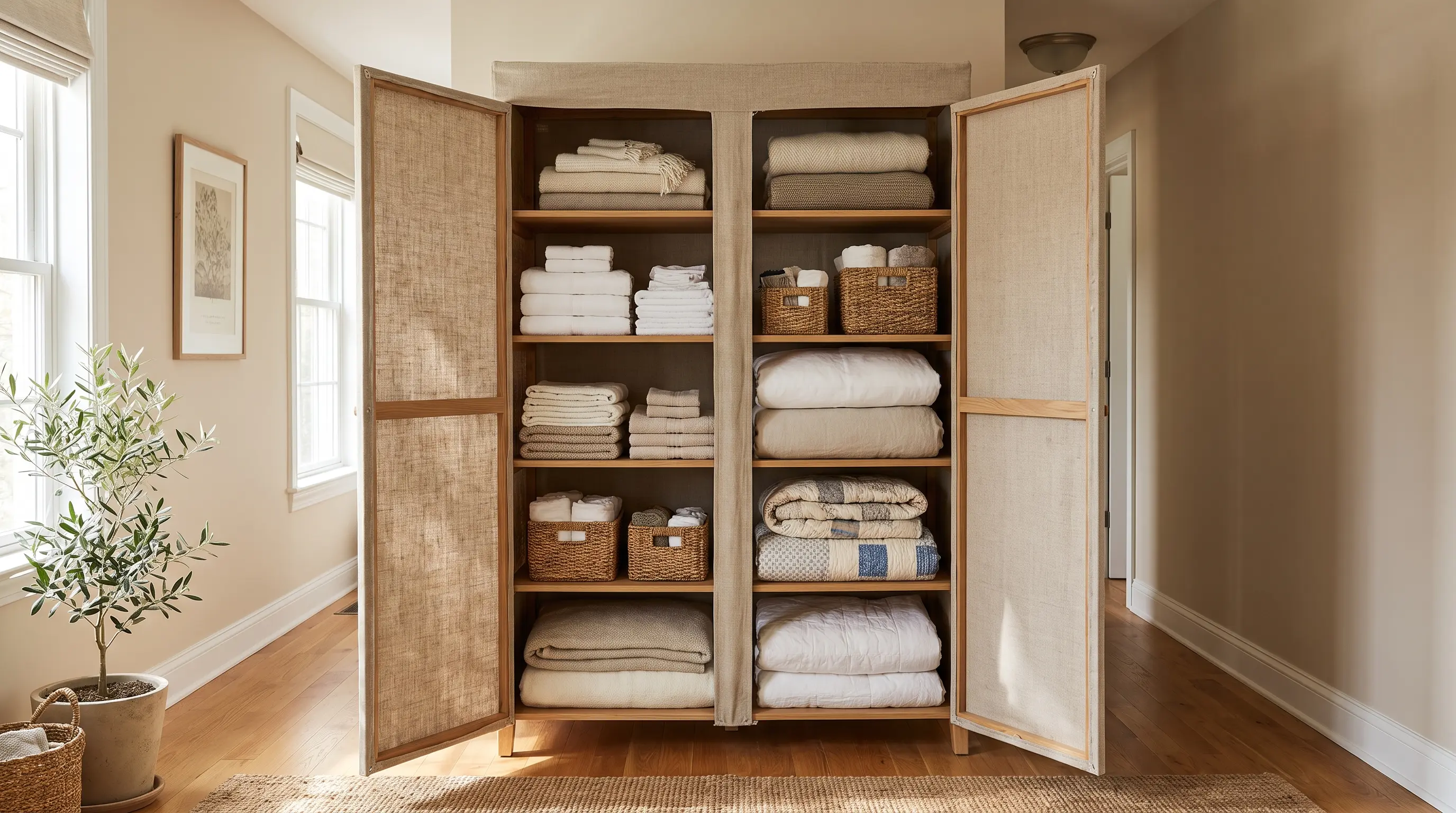 Linen armoire with folded towels and bedding stored on shelves