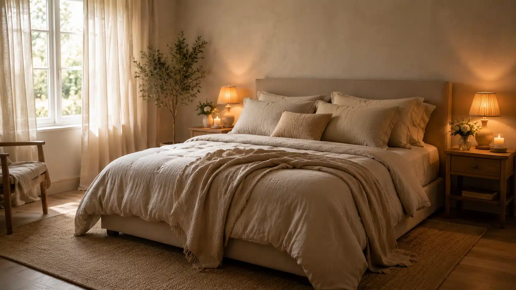 Minimal bedroom with relaxed linen bedding, layered neutral textures, and a cozy lived-in atmosphere