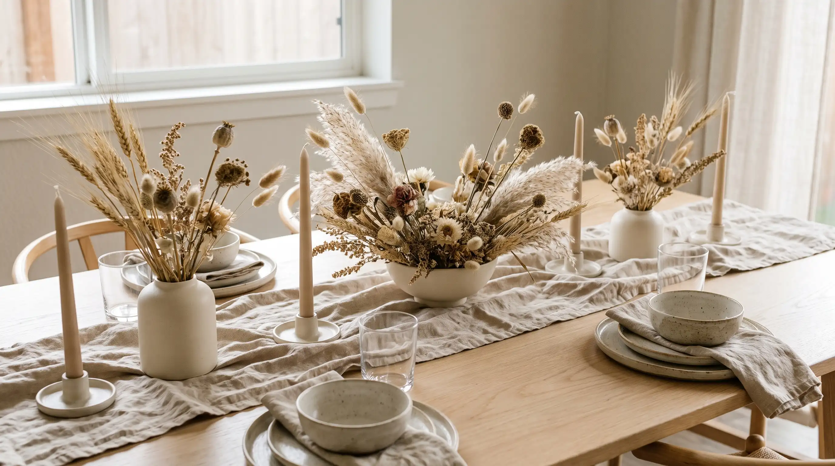 Minimal fall table with natural linen, dried grasses, cream stoneware, light wood, and neutral candles