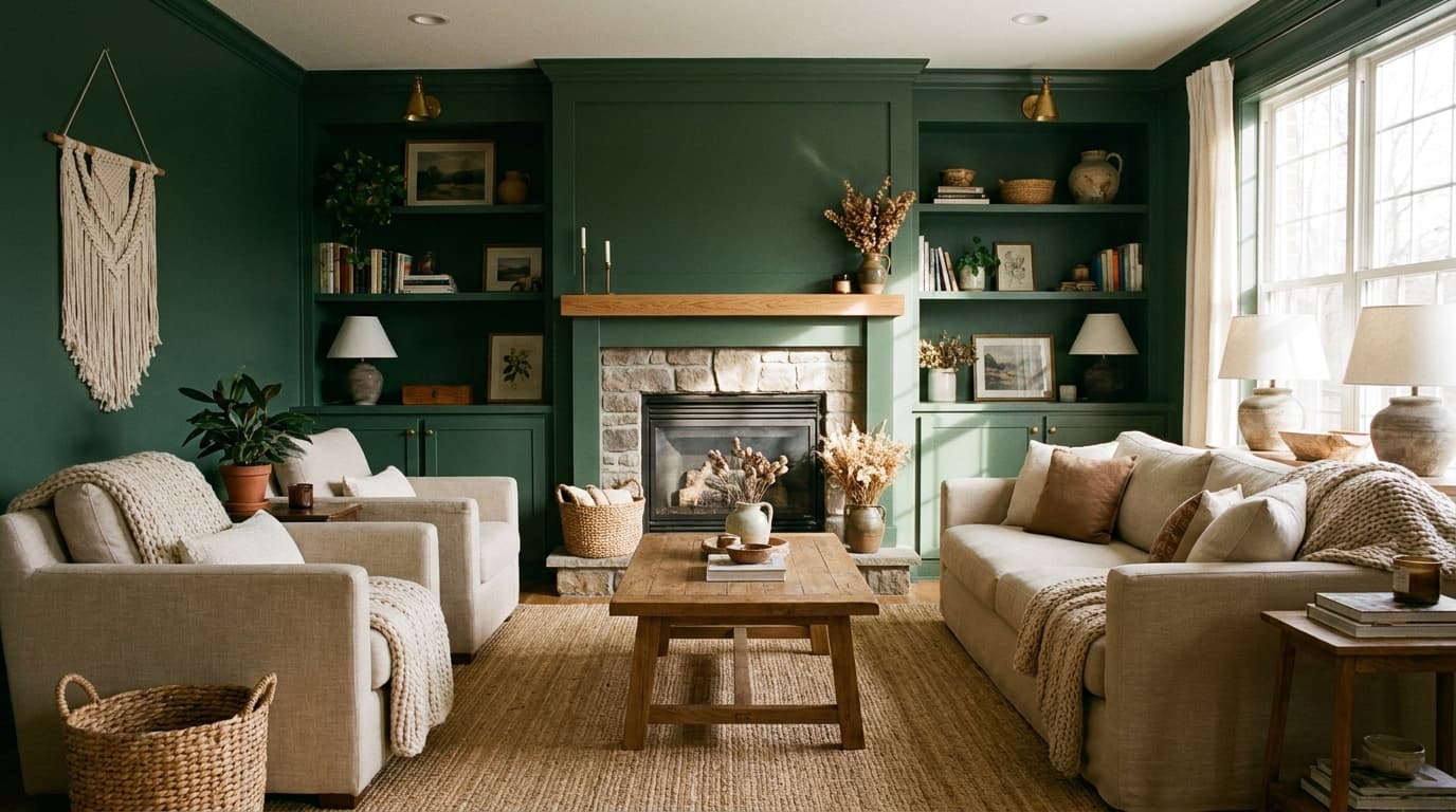 Vintage Vogue Benjamin Moore living room wall with warm neutral furniture and wood accents.