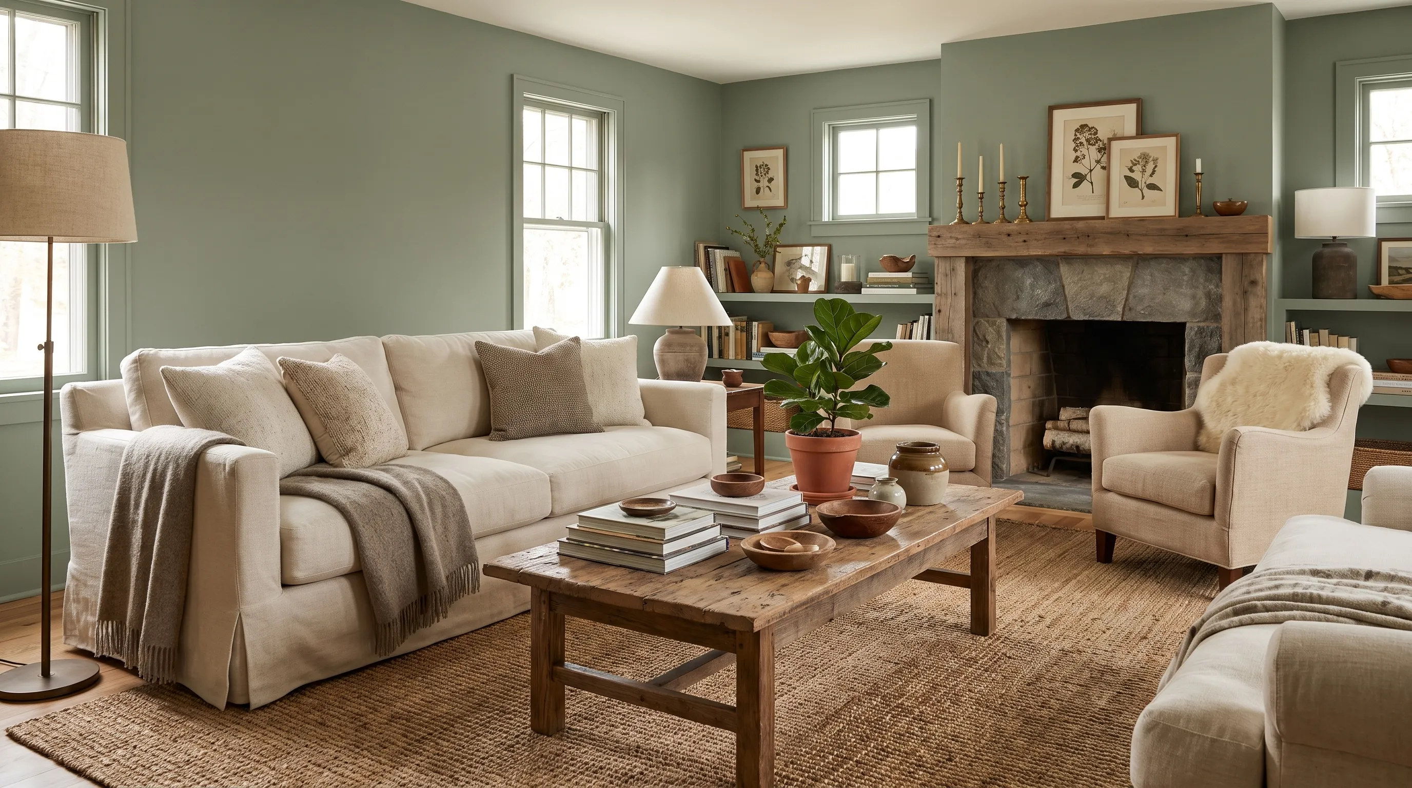 Saybrook Sage living room with linen furniture and warm natural textures.