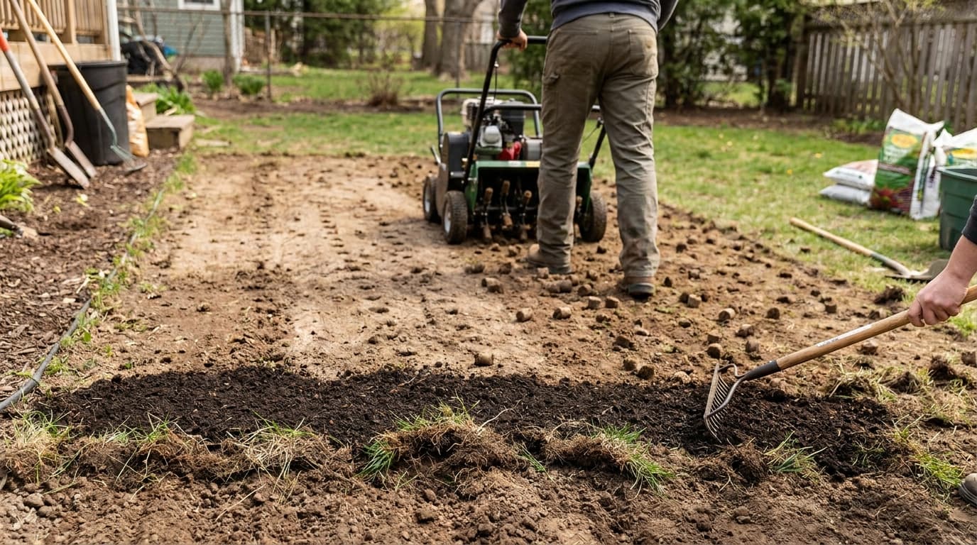 Aerating compacted soil after removing moss from lawn