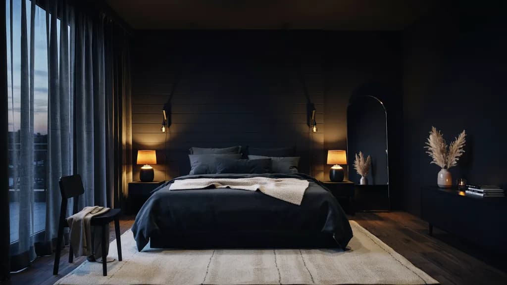 Black bedroom with warm lighting and reflective surfaces for low light