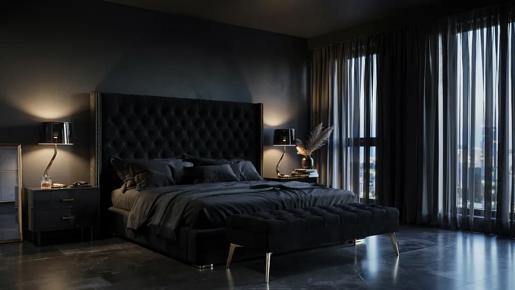 Luxury black bedroom with velvet headboard and elegant dark decor