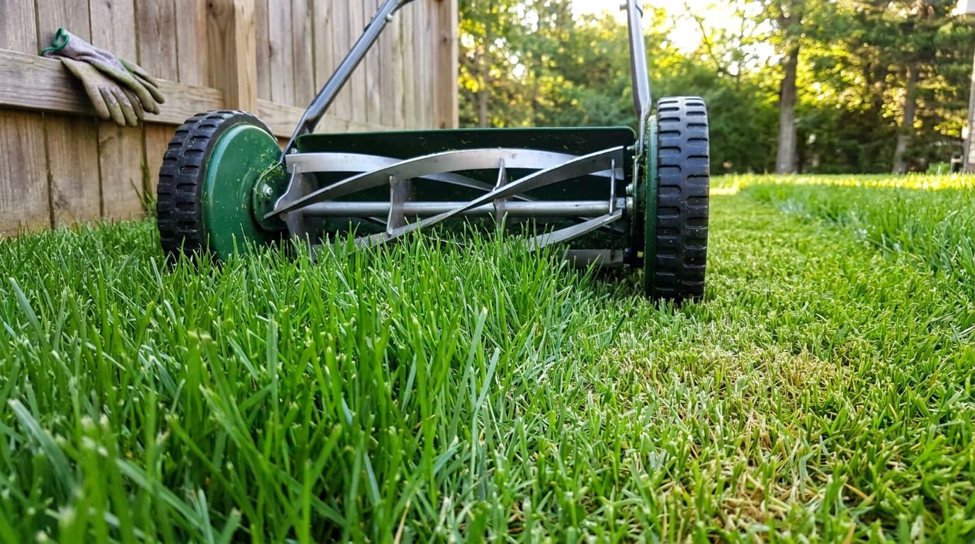 Maintaining correct mowing height to keep grass healthy and reduce moss growth in lawn