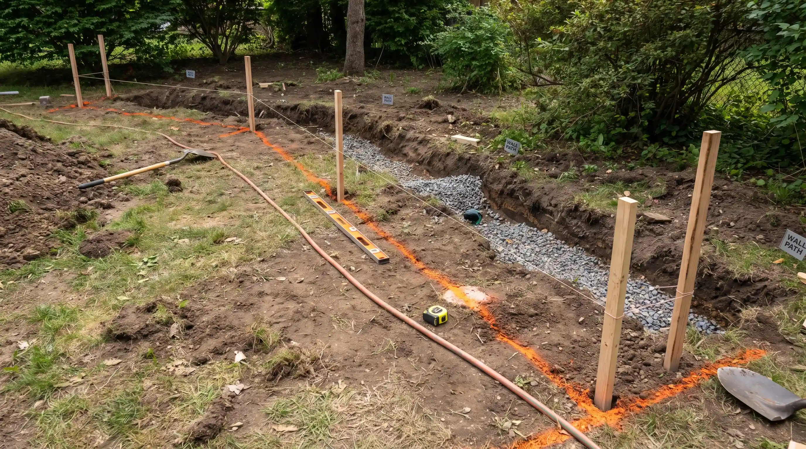 Marking a retaining wall layout with stakes, mason line, and ground markings before excavation