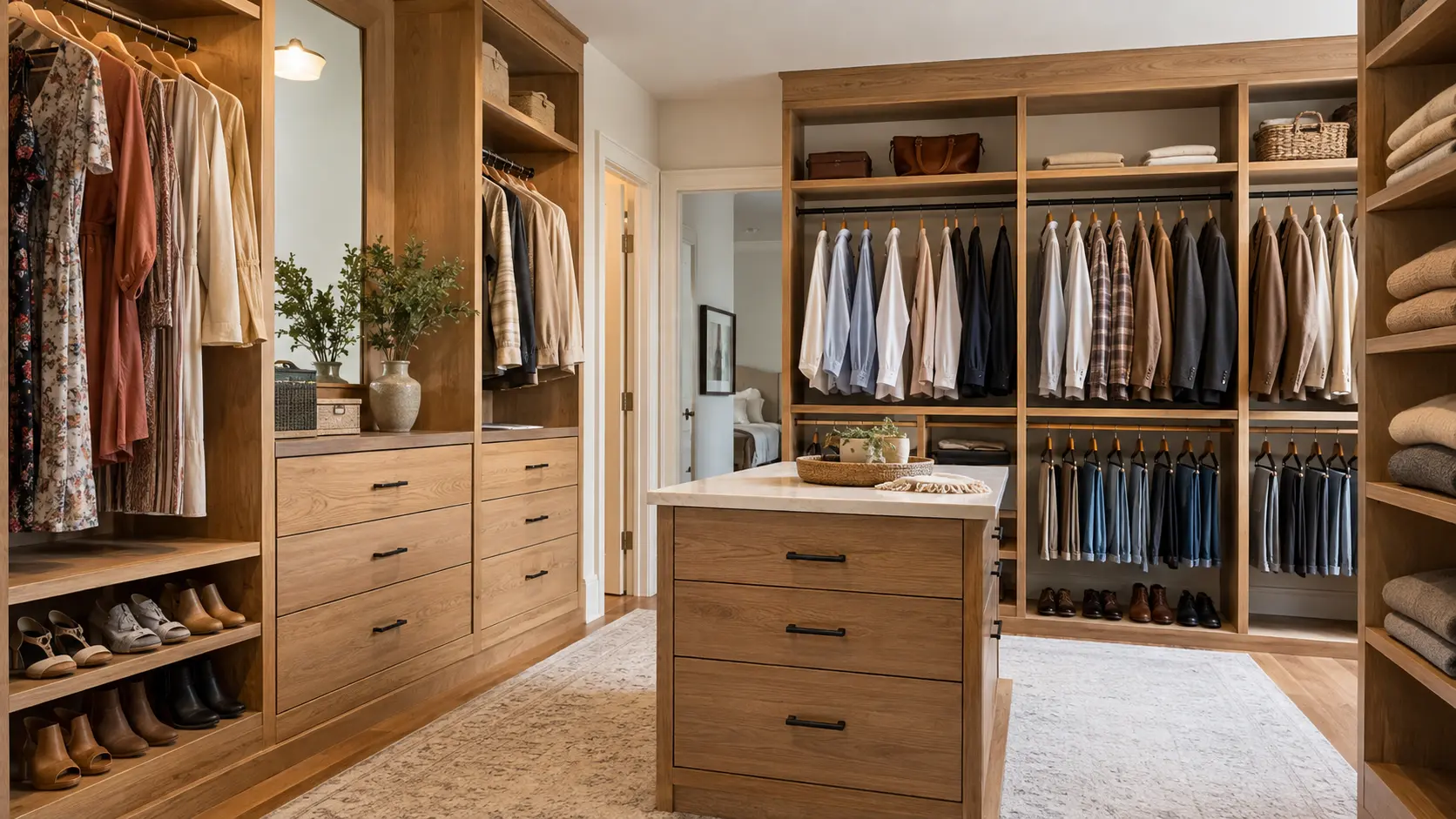 Spacious master closet with warm wood shelving, clothing rails, shoe storage, drawers, and a central island.