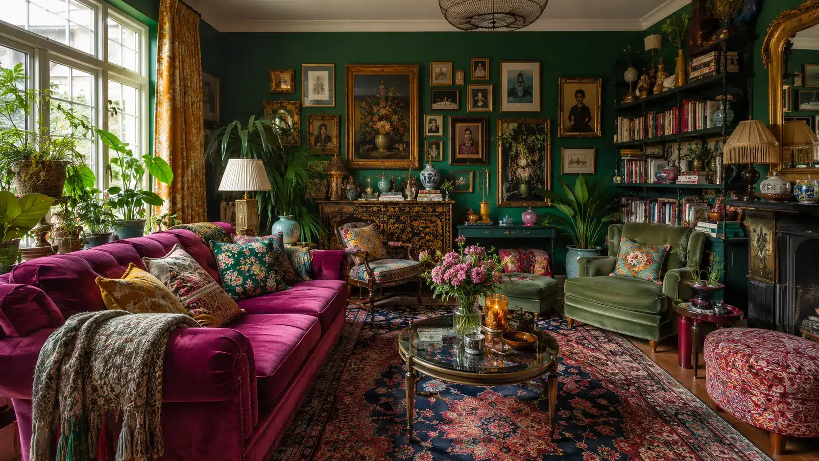 maximalist interior design studio with fabric swatches paint samples framed art vintage furniture and layered decor.