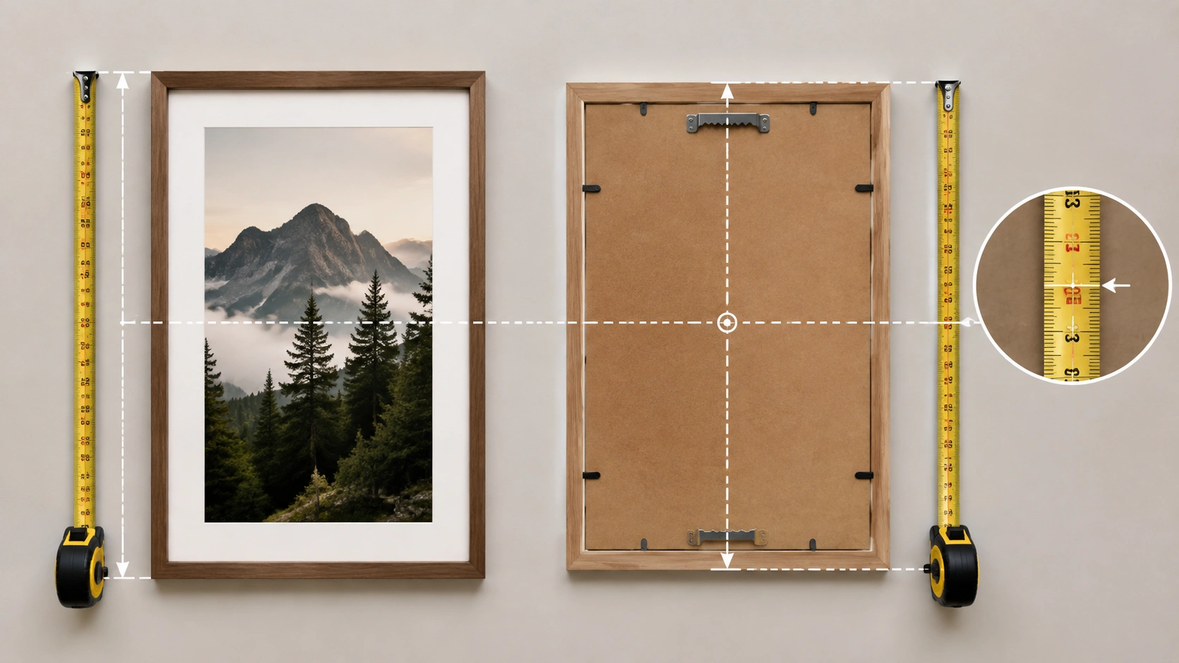 Measuring the outer height of a picture frame with a tape measure to find half the frame height before hanging.