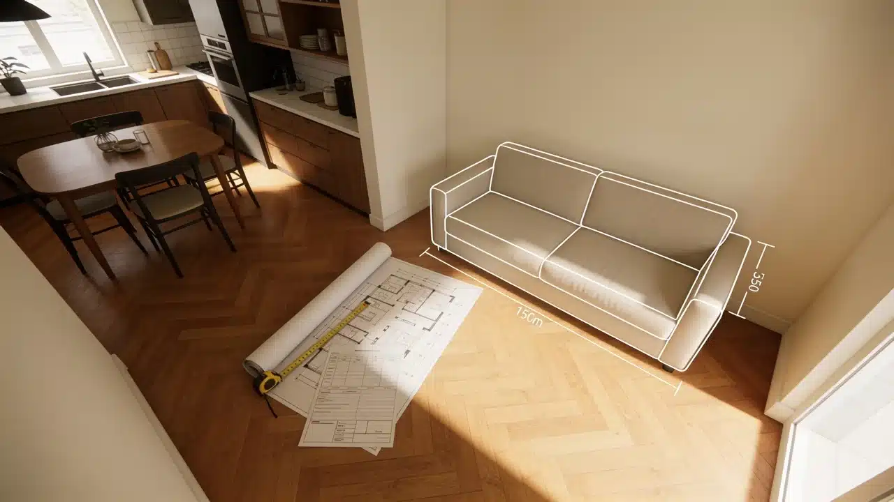 Measuring furniture placement in a downsized home before moving