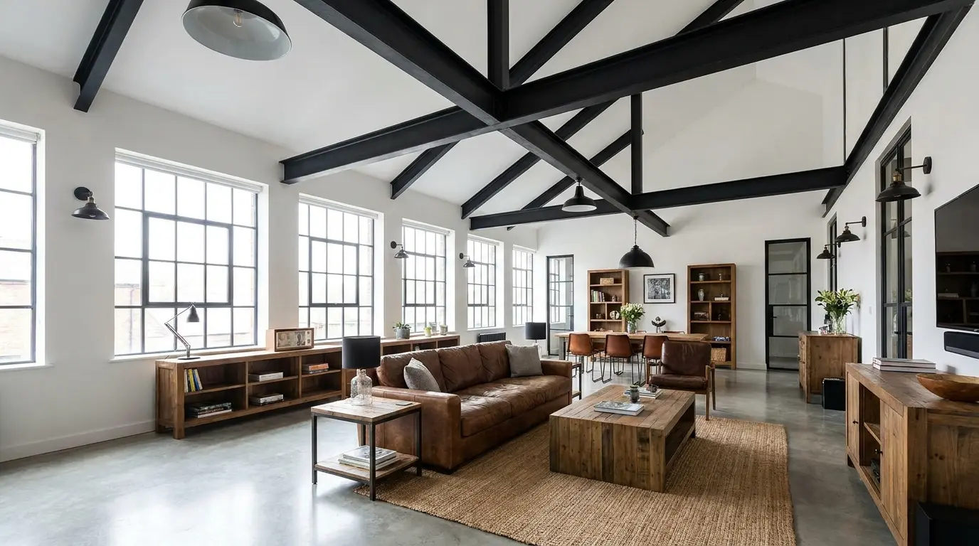 Industrial-style living room with black exposed metal ceiling beams, large grid windows, a brown leather sofa, rustic wood furniture, and polished concrete floors.