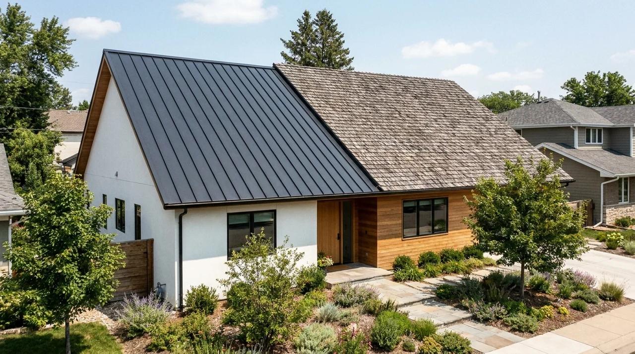 Metal roof and asphalt shingle roof comparison on a modern home.