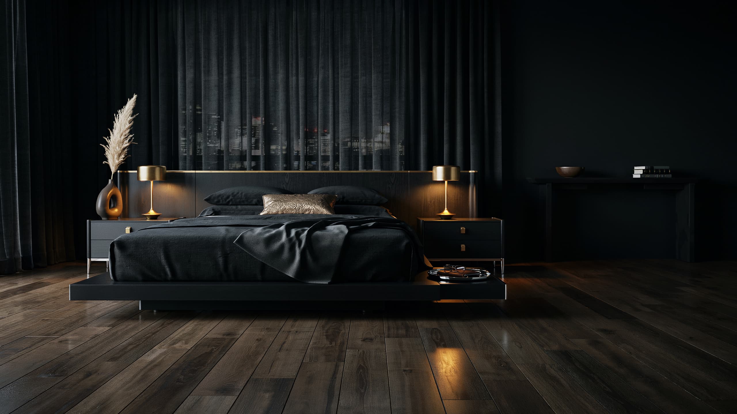 Black bedroom with brass and metallic accents adding contrast and style