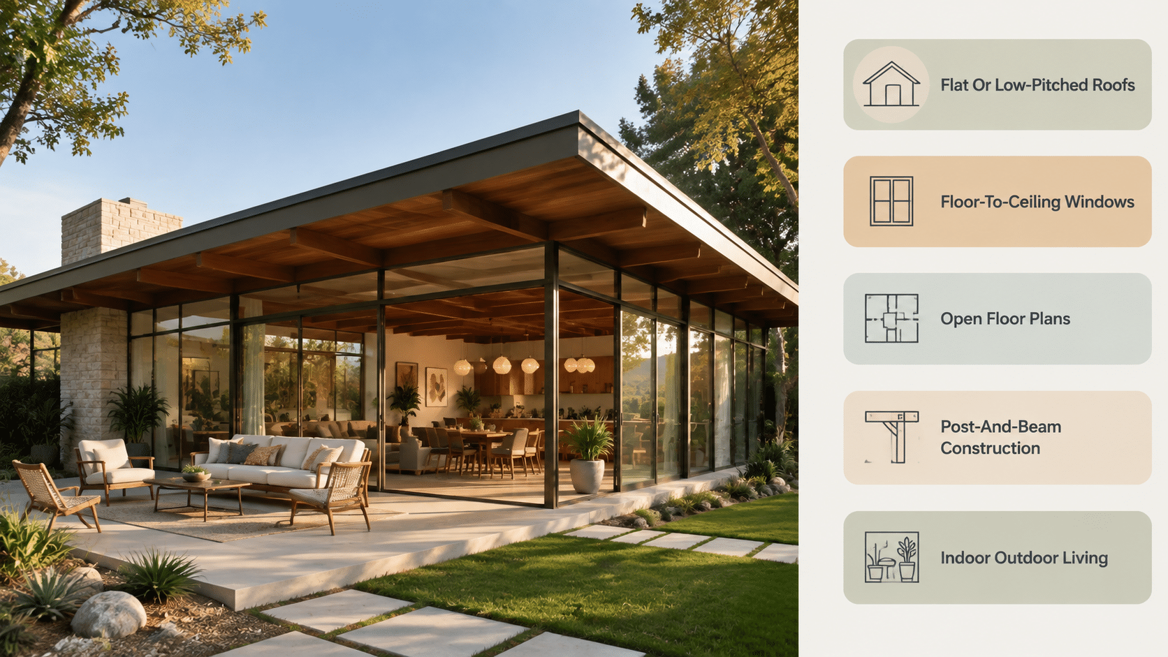 Mid-century modern home showcasing flat roofs, glass walls, open layouts, post-and-beam design, and indoor outdoor living features.