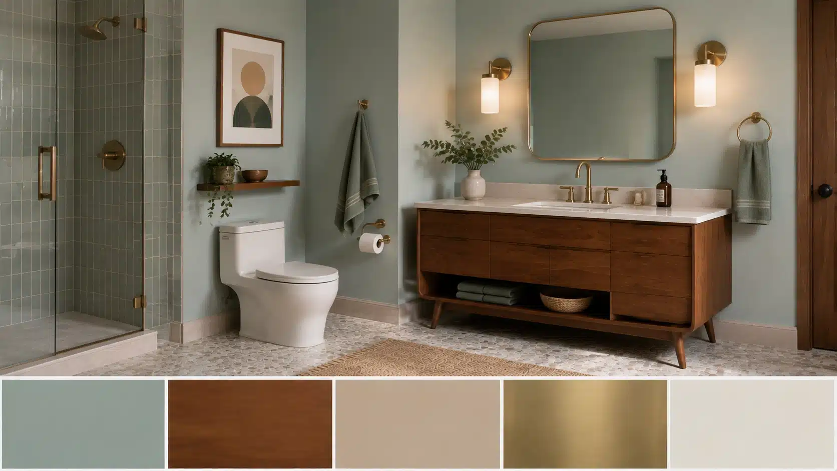 Mid-century modern bathroom with walnut vanity, sage walls, brass fixtures, glass shower, and spa-inspired details.