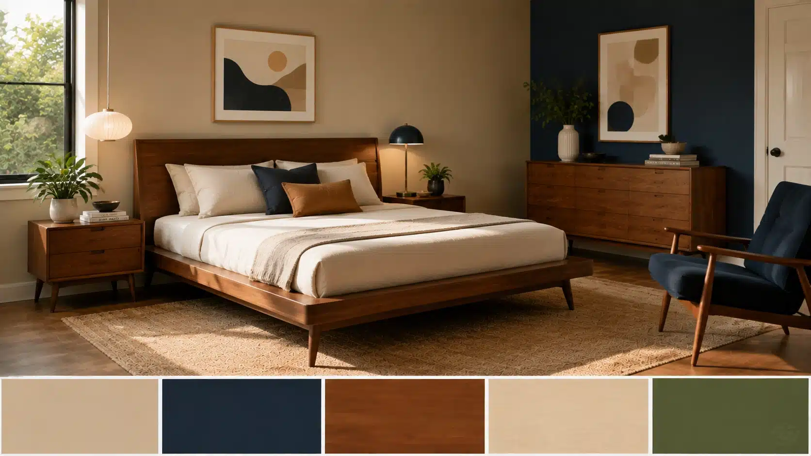 Mid-century modern bedroom with walnut platform bed, navy accents, beige walls, plants, and layered warm lighting.