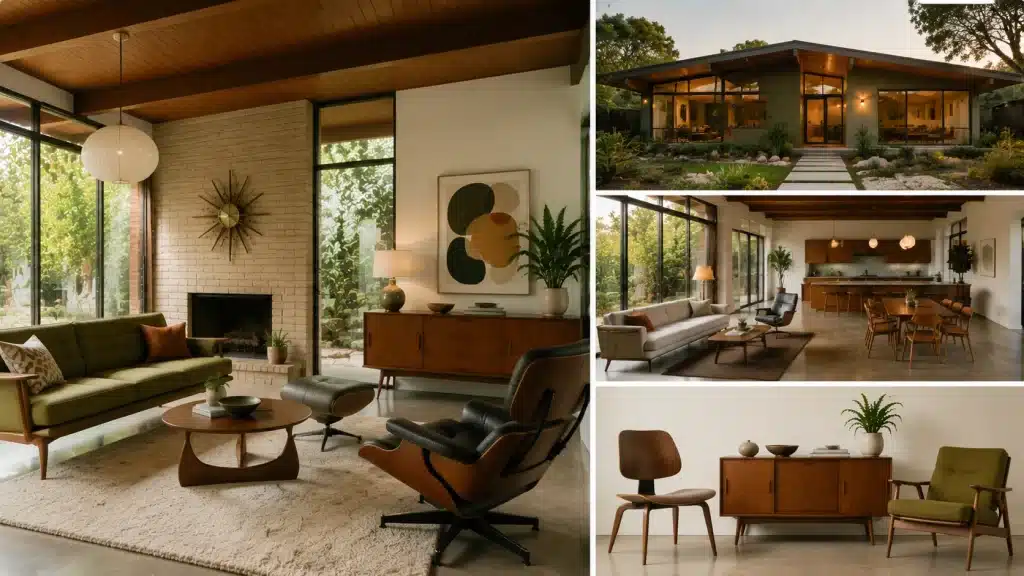 Mid-century modern design ideas featuring a warm living room, low-slung home exterior, open kitchen, and iconic wooden furniture pieces.