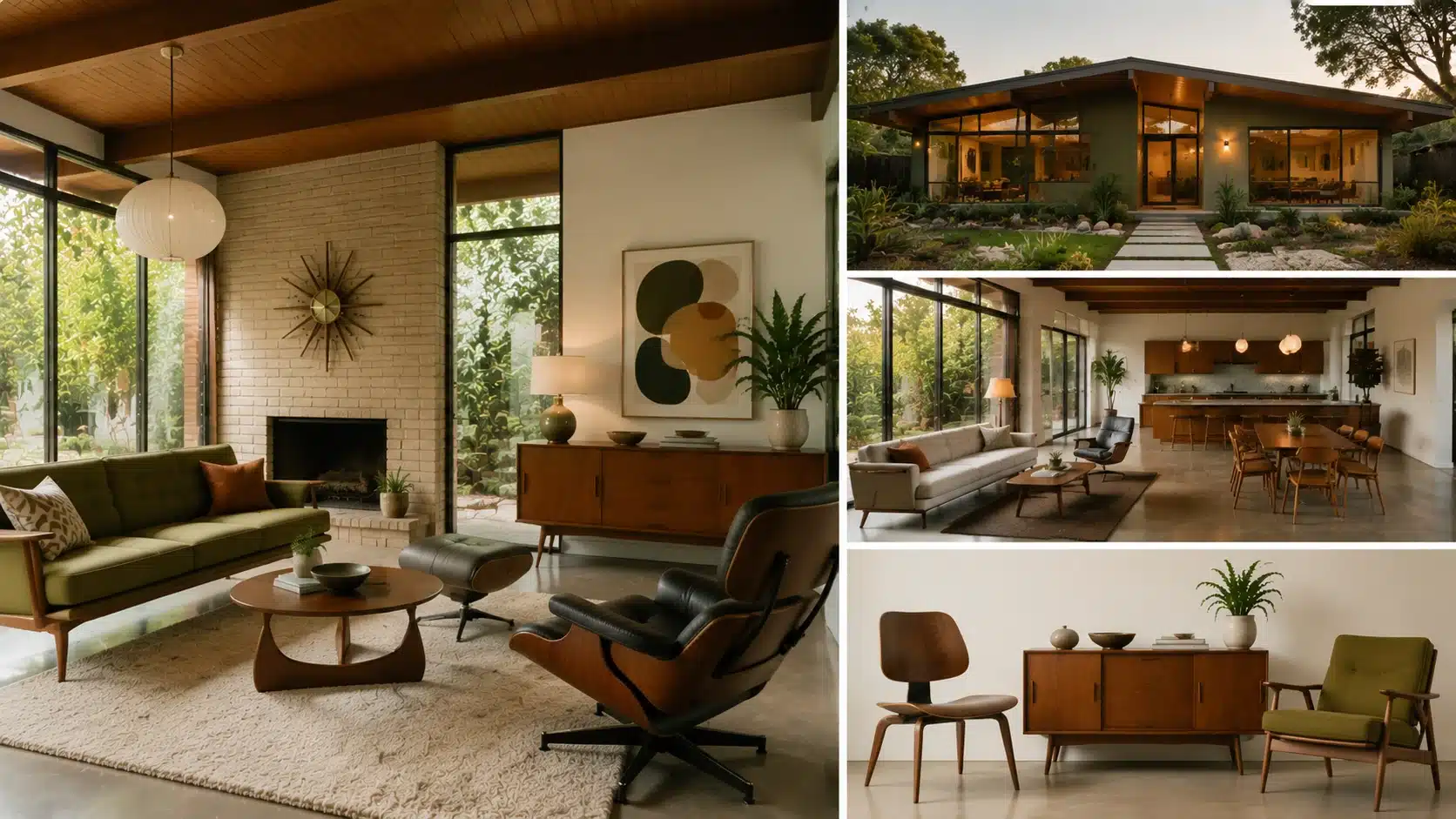 Mid-century modern design ideas featuring a warm living room, low-slung home exterior, open kitchen, and iconic wooden furniture pieces.