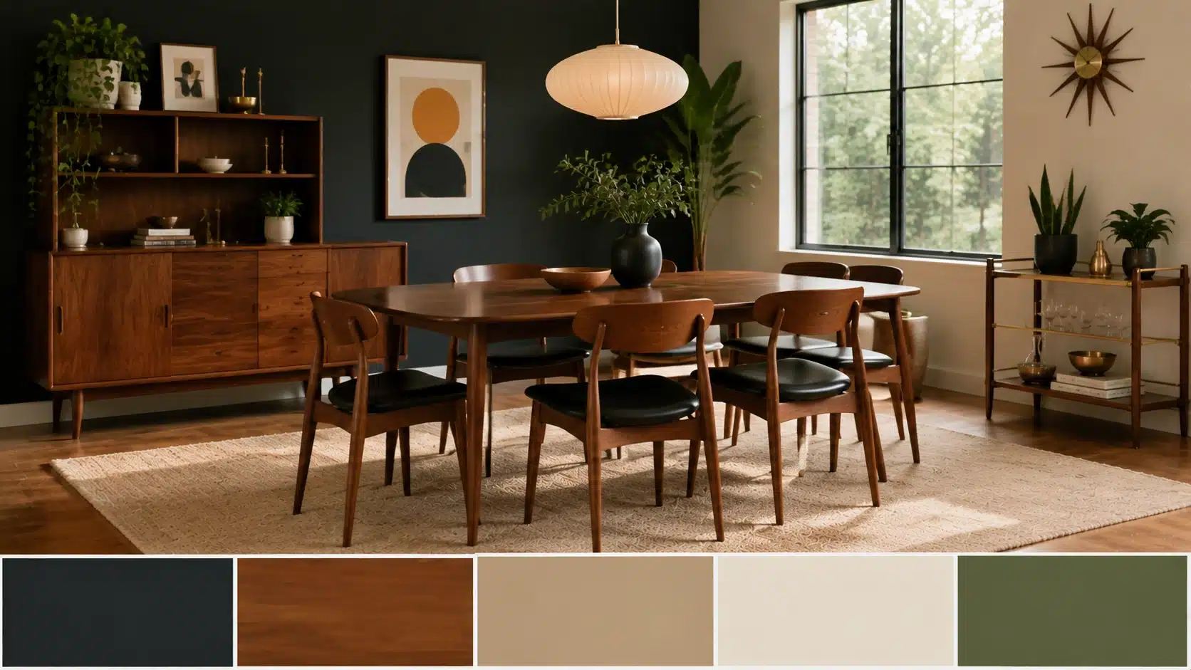 Mid-century modern dining room with walnut table, wooden chairs, charcoal accent wall, pendant light, and warm decor.