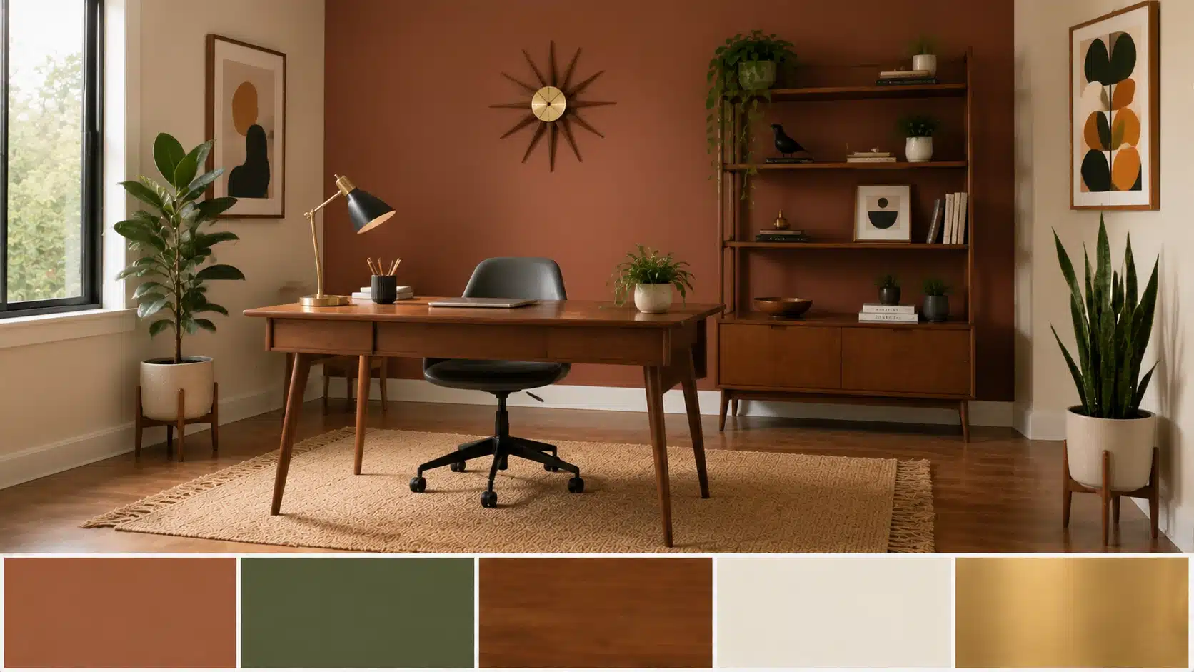 Mid-century modern home office with wooden desk, terracotta wall, ergonomic chair, bookshelf, and natural materials.