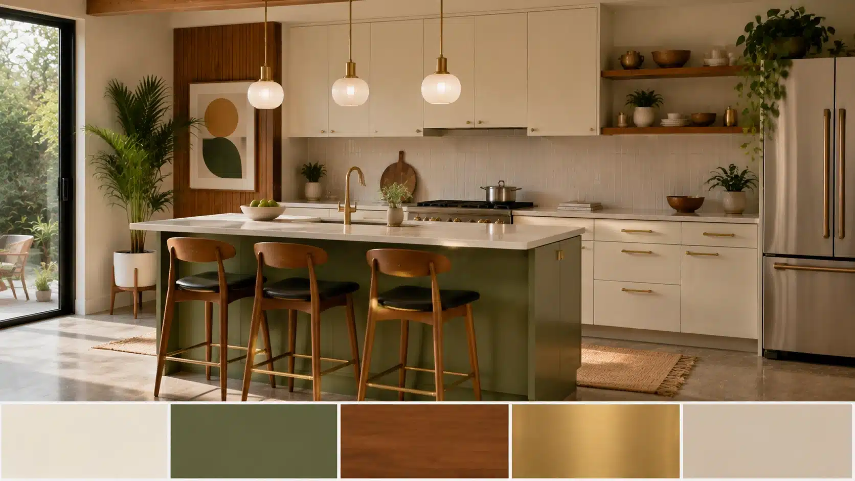 Mid-century modern kitchen with cream cabinets, olive island, walnut accents, brass hardware, and natural lighting.