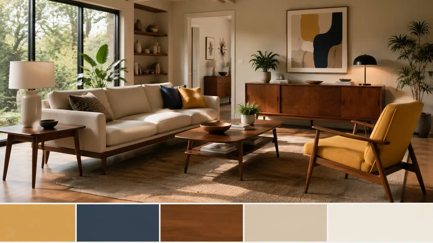 Mid-century modern living room with low-profile sofa, walnut furniture, mustard accent chair, and warm neutral colors.