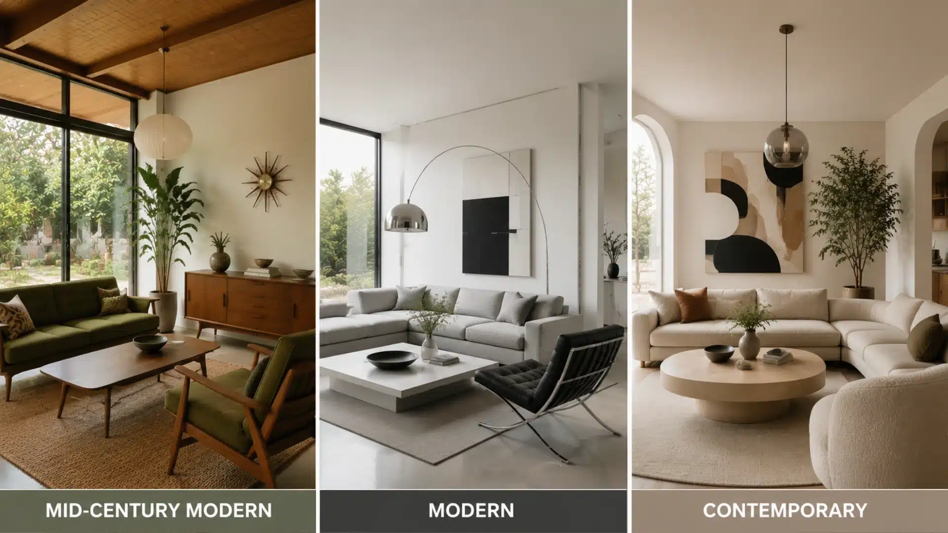 Three interior styles compared with mid-century modern, modern, and contemporary living rooms featuring different furniture and layouts..