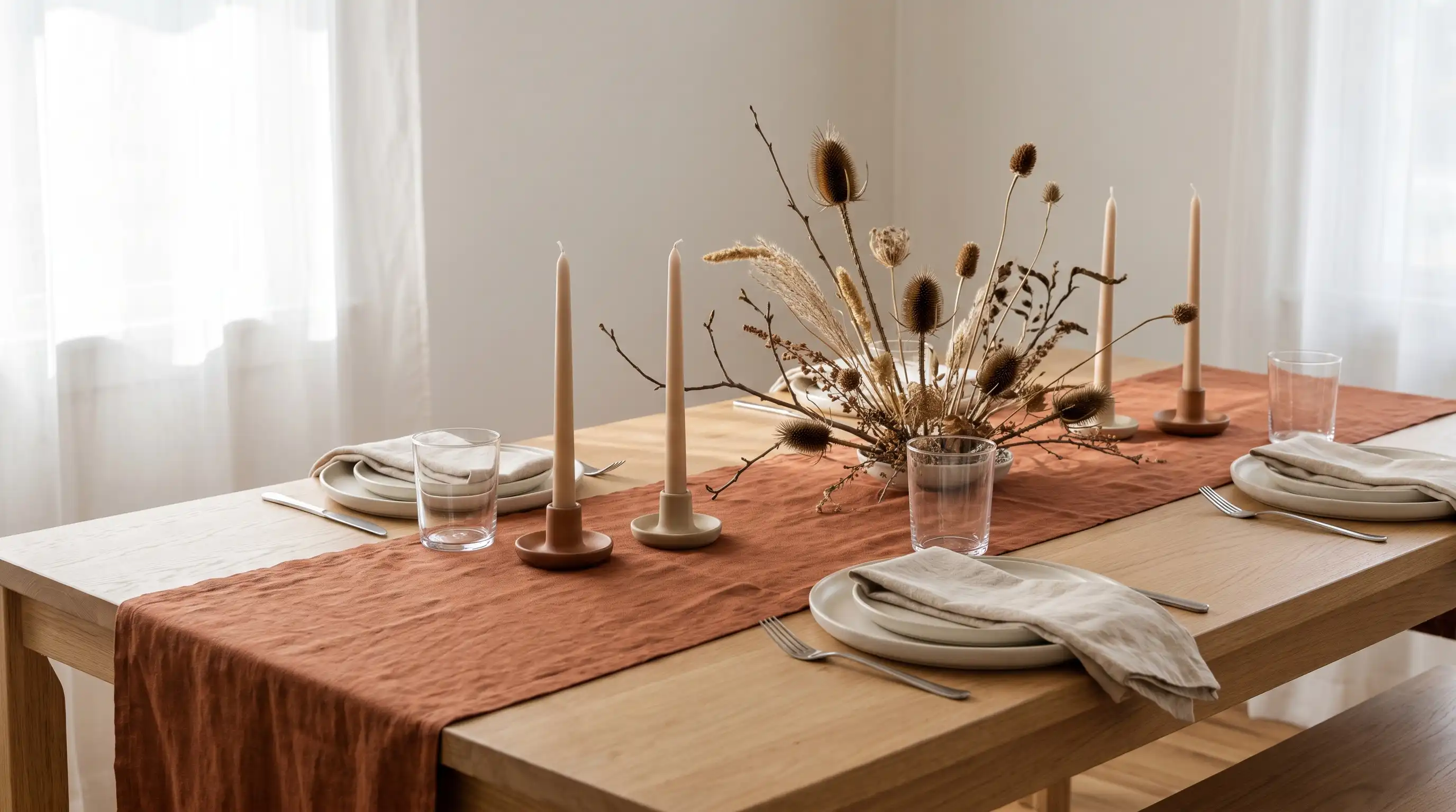 Minimal fall table with off-white ceramics, rust runner, dried branches, and simple taper candles