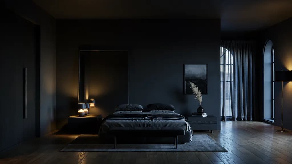 Black bedroom with large mirror reflecting light and dark decor