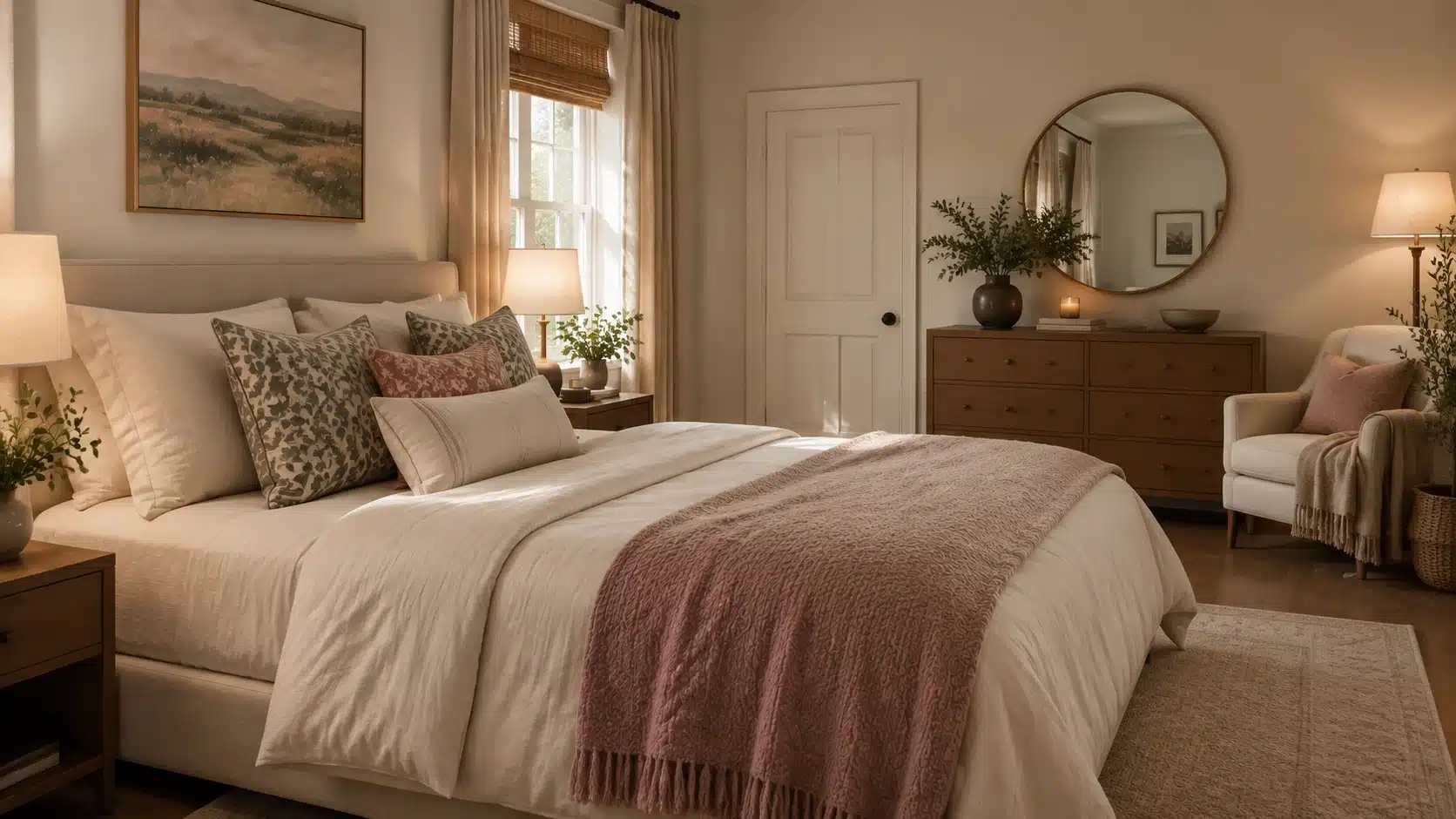Bedroom with layered patterned throw pillows in coordinated colors adding texture and depth to the bed