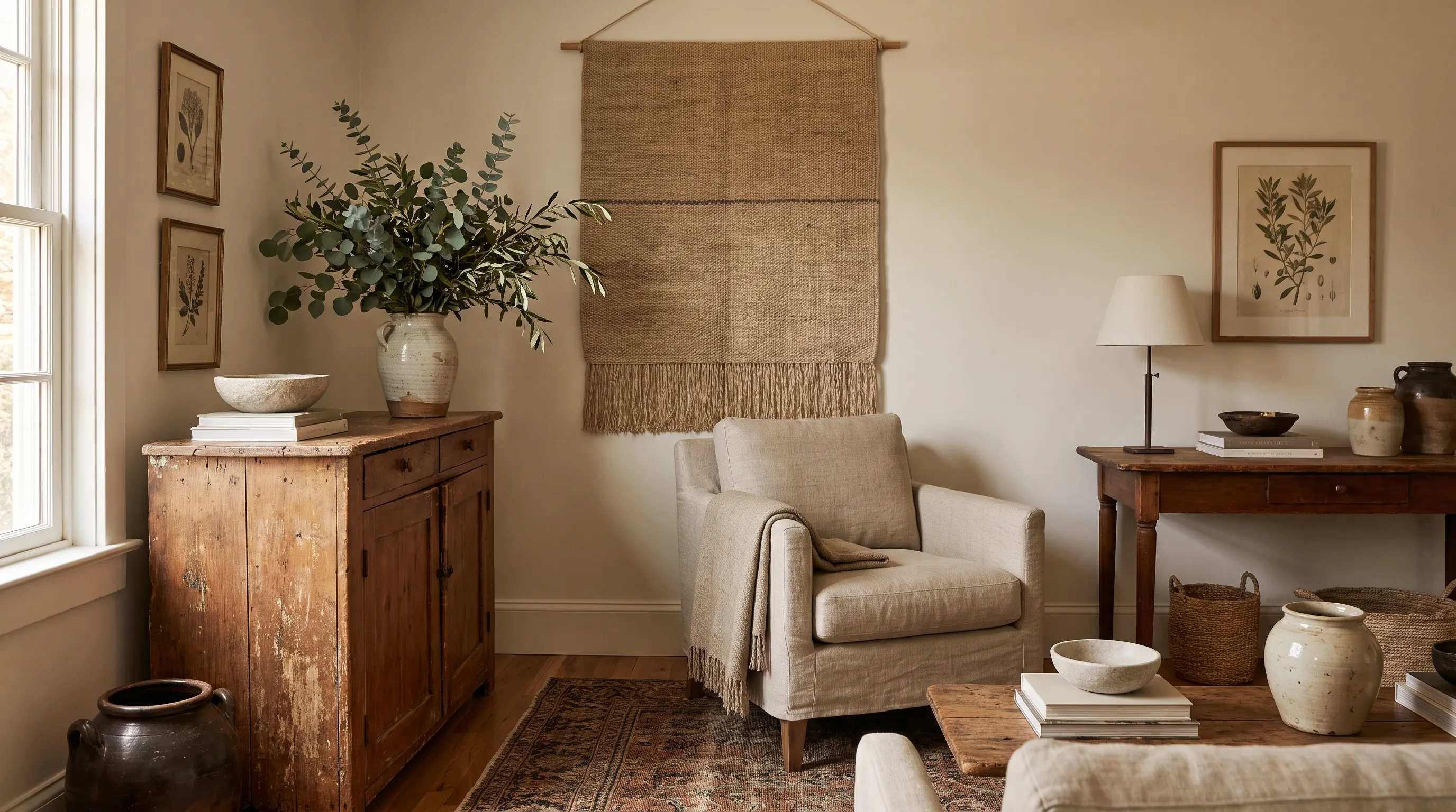 Interior combining vintage wooden furniture, ceramics, textiles, and natural decor.
