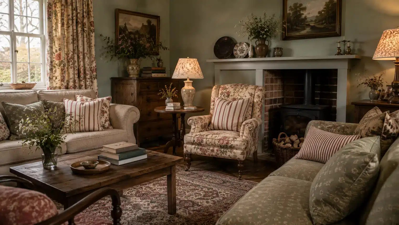 Photorealistic English cottage living room with sage walls, floral curtains, patterned armchairs, striped cushions, antique wood furniture, vintage rug, brick fireplace, and warm table lamps.