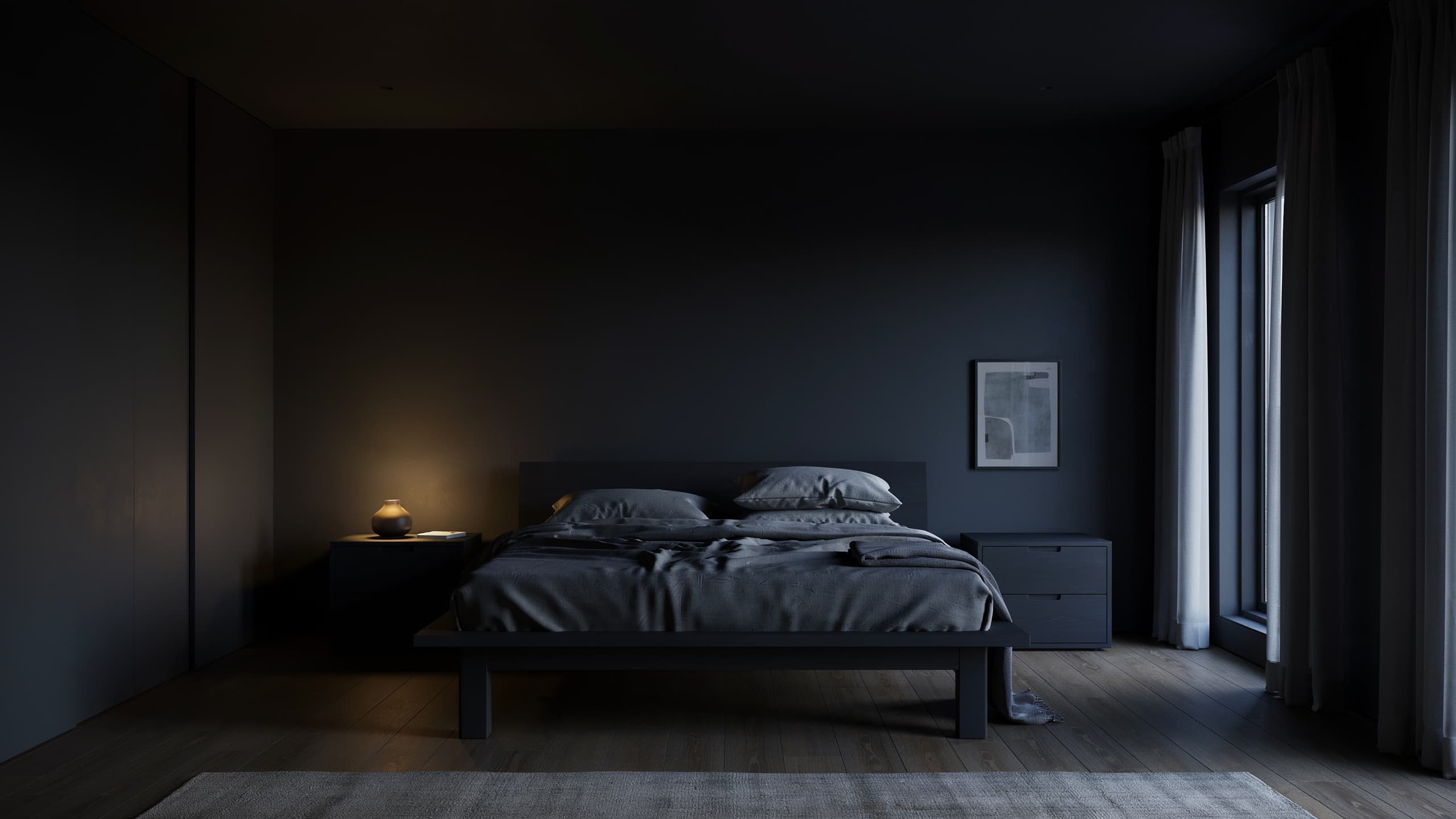 Minimalist black bedroom with clean lines and simple modern furniture