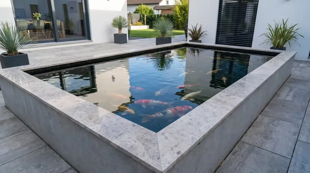 Koi swimming in a narrow geometric concrete pond with a stone fountain, ornamental grasses, and a Japanese maple.