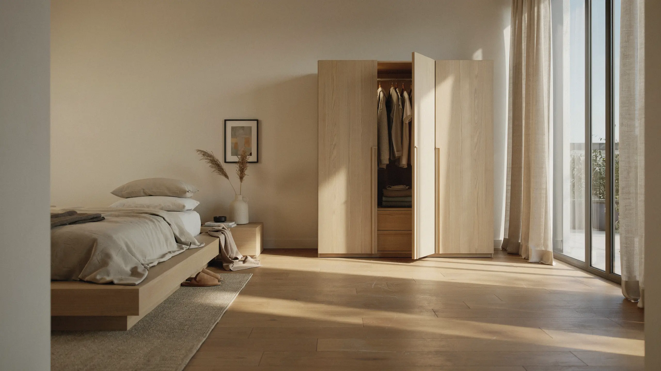 Modern minimalist wooden armoire in a bright bedroom interior