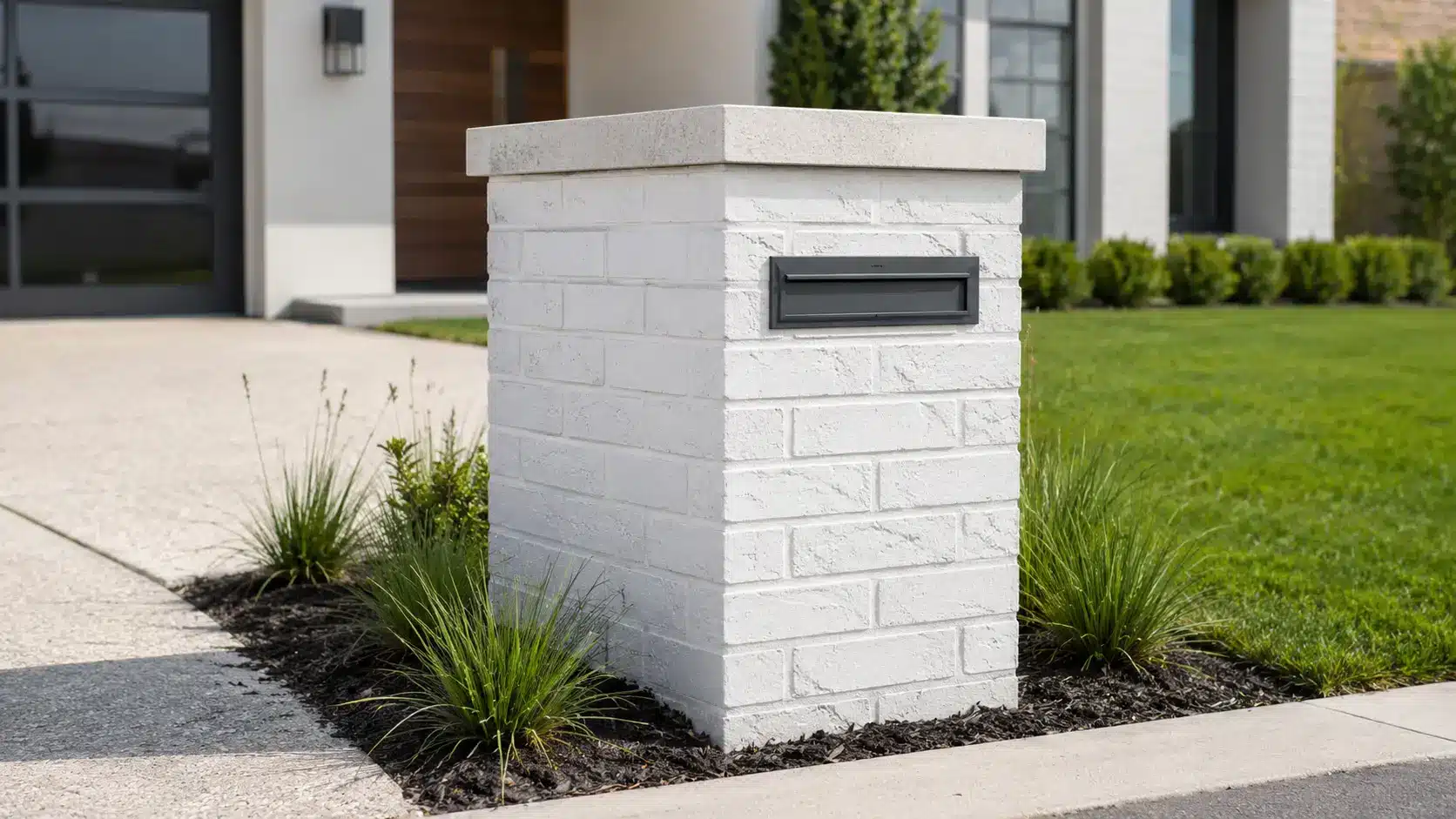 Modern white brick mailbox with a slim charcoal insert and simple landscaping outside a contemporary home.