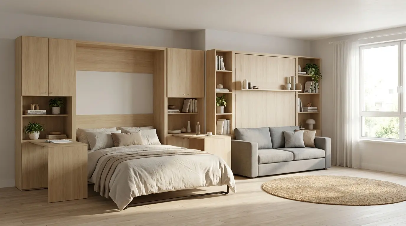 Modern bedroom with built-in light wood storage, a wall bed, sofa, neutral bedding, open shelves, and bright natural light.