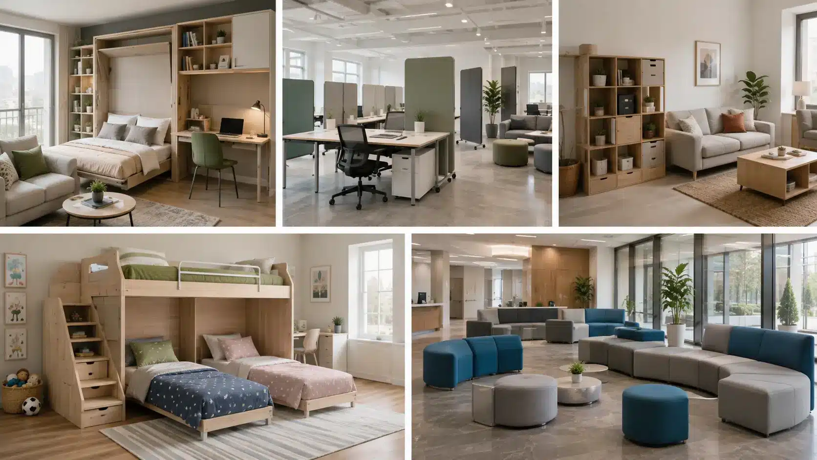 Collage showing five modular furniture setups, including a compact studio, co-working office, rental living room, kids&rsquo; bedroom, and flexible lobby seating.