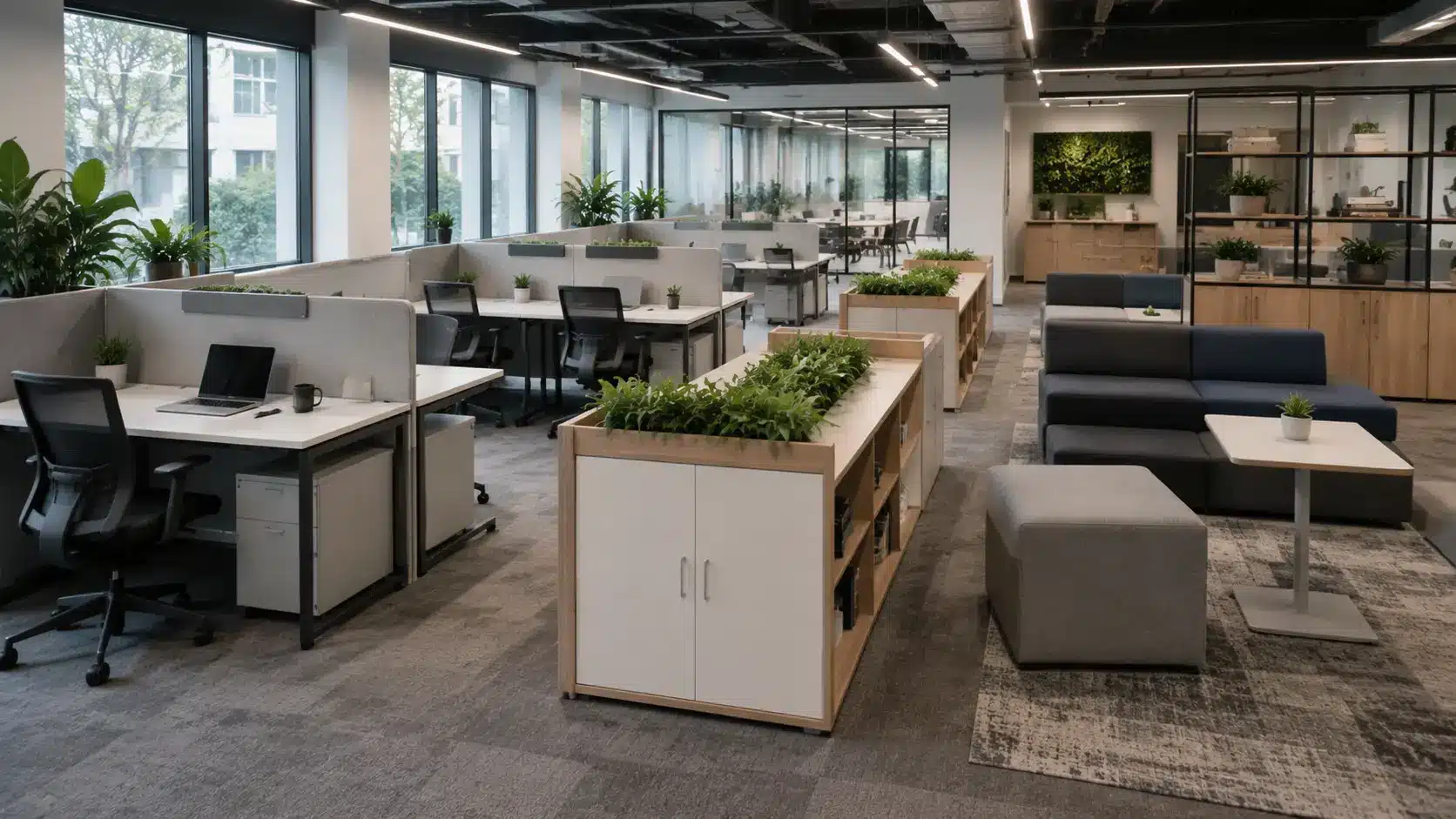 Modern open-plan office with modular desks, movable partitions, flexible seating, storage units, plants, and bright natural light.