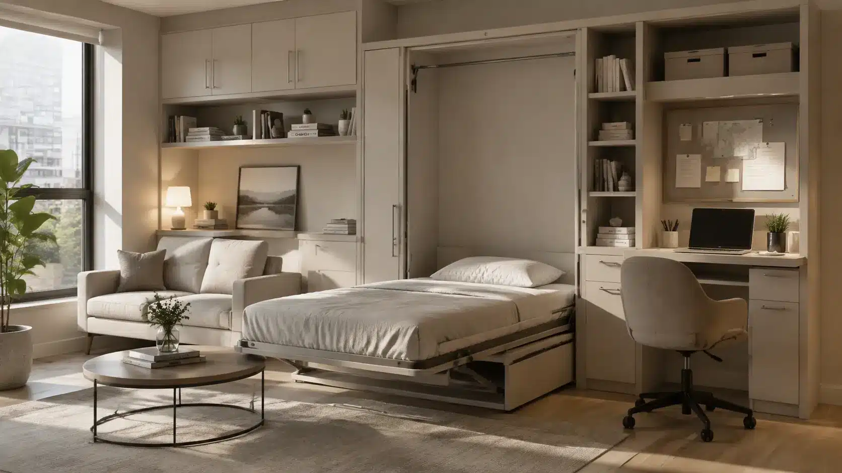 Modern multifunctional room with a fold-down wall bed, built-in shelving, cabinets, a compact desk, sofa, and storage units designed to maximize space.
