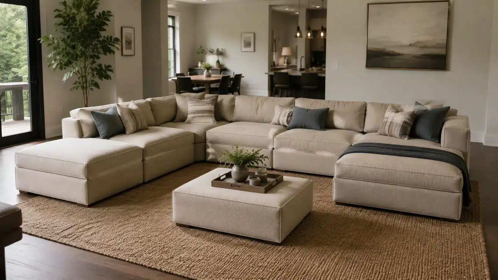 Large beige modular sectional sofa with chaise lounges, neutral throw pillows, and a matching square ottoman in a spacious open-plan living room with a woven area rug and modern decor.