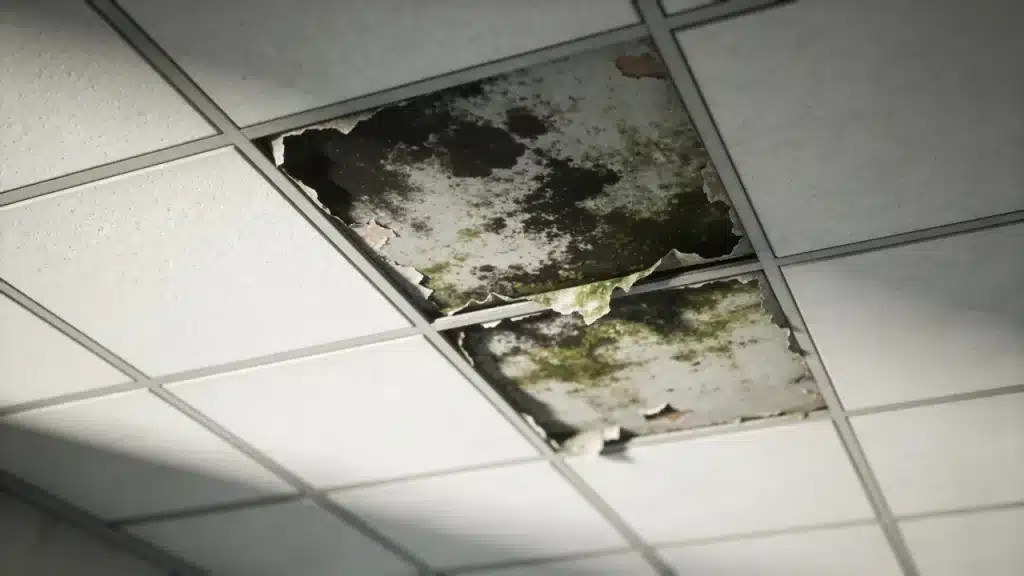 Moisture-damaged ceiling tiles with visible mold discoloration and texture changes while surrounding tiles remain clean.