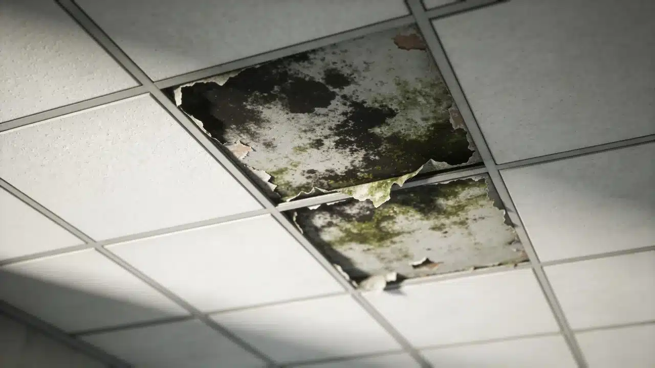 Moisture-damaged ceiling tiles with visible mold discoloration and texture changes while surrounding tiles remain clean.