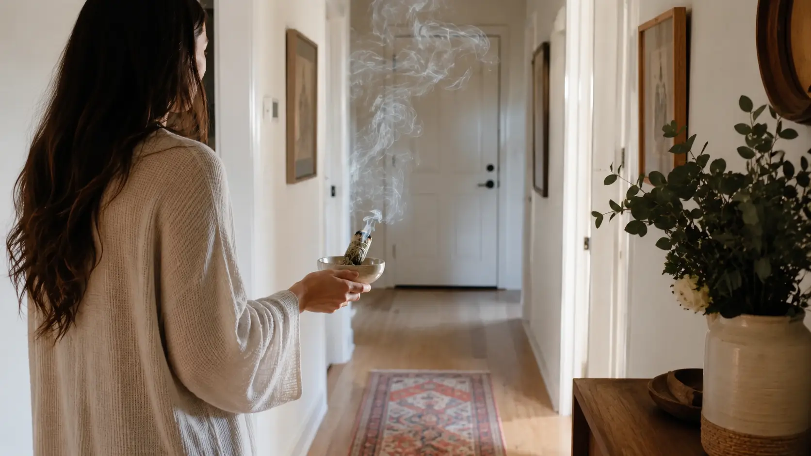 Woman carrying a smoking sage bundle in a ceramic bowl while moving slowly through a bright home hallway.