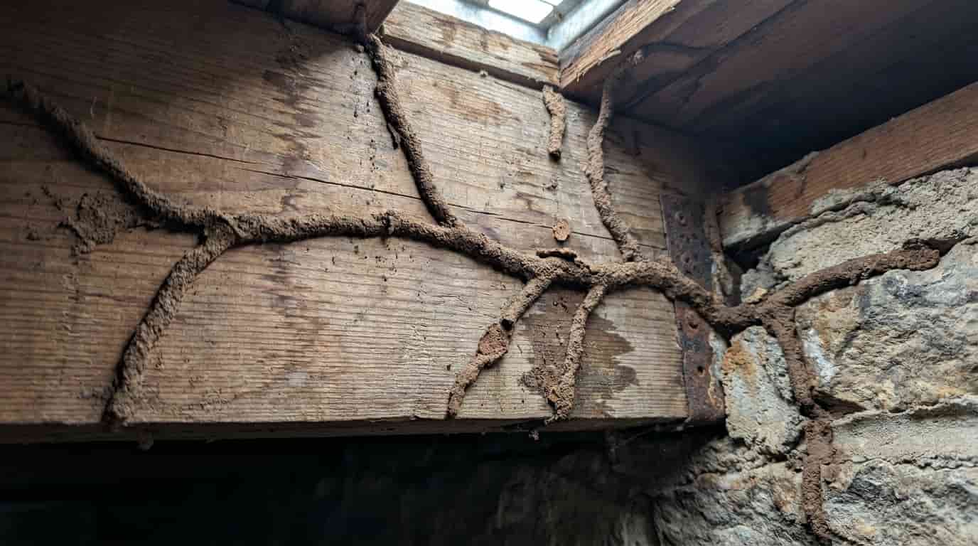 Mud tubes from subterranean termites along a wooden ceiling joist.