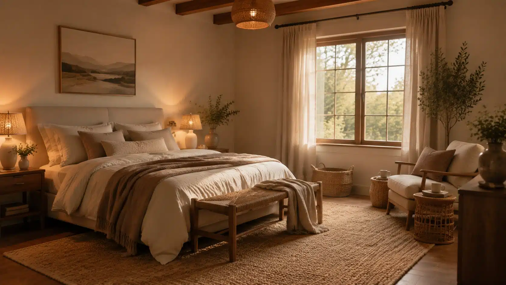 Rustic cozy bedroom with jute rug, woven baskets, natural textures, and warm neutral decor for an earthy feel.