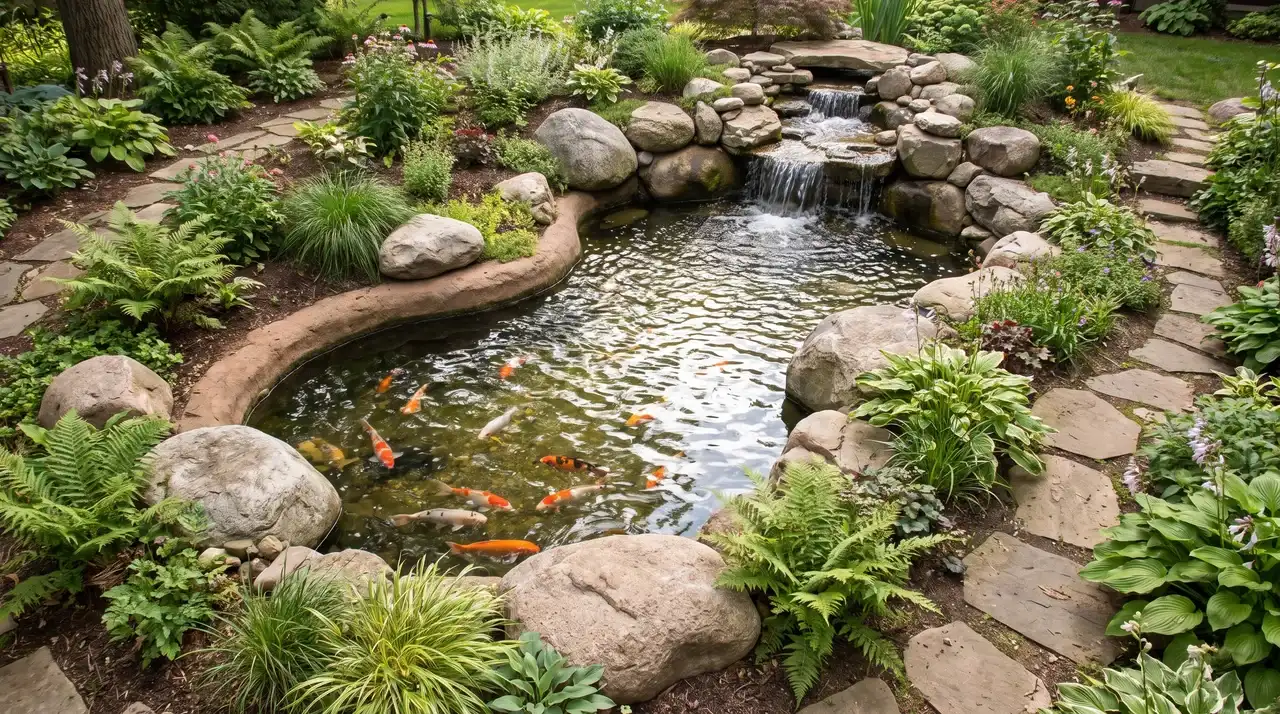 Natural koi pond with a stacked-stone waterfall, large rocks, ferns, ornamental grasses, and colorful fish.