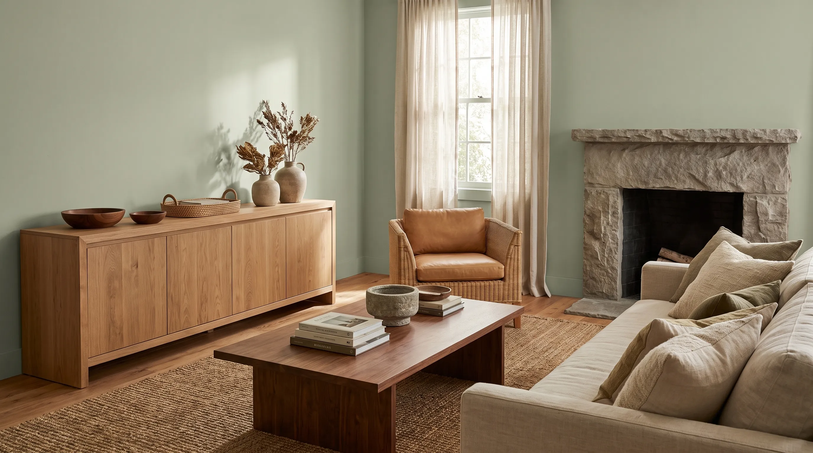 Saybrook Sage room with wood, linen, rattan, and earthy tones.