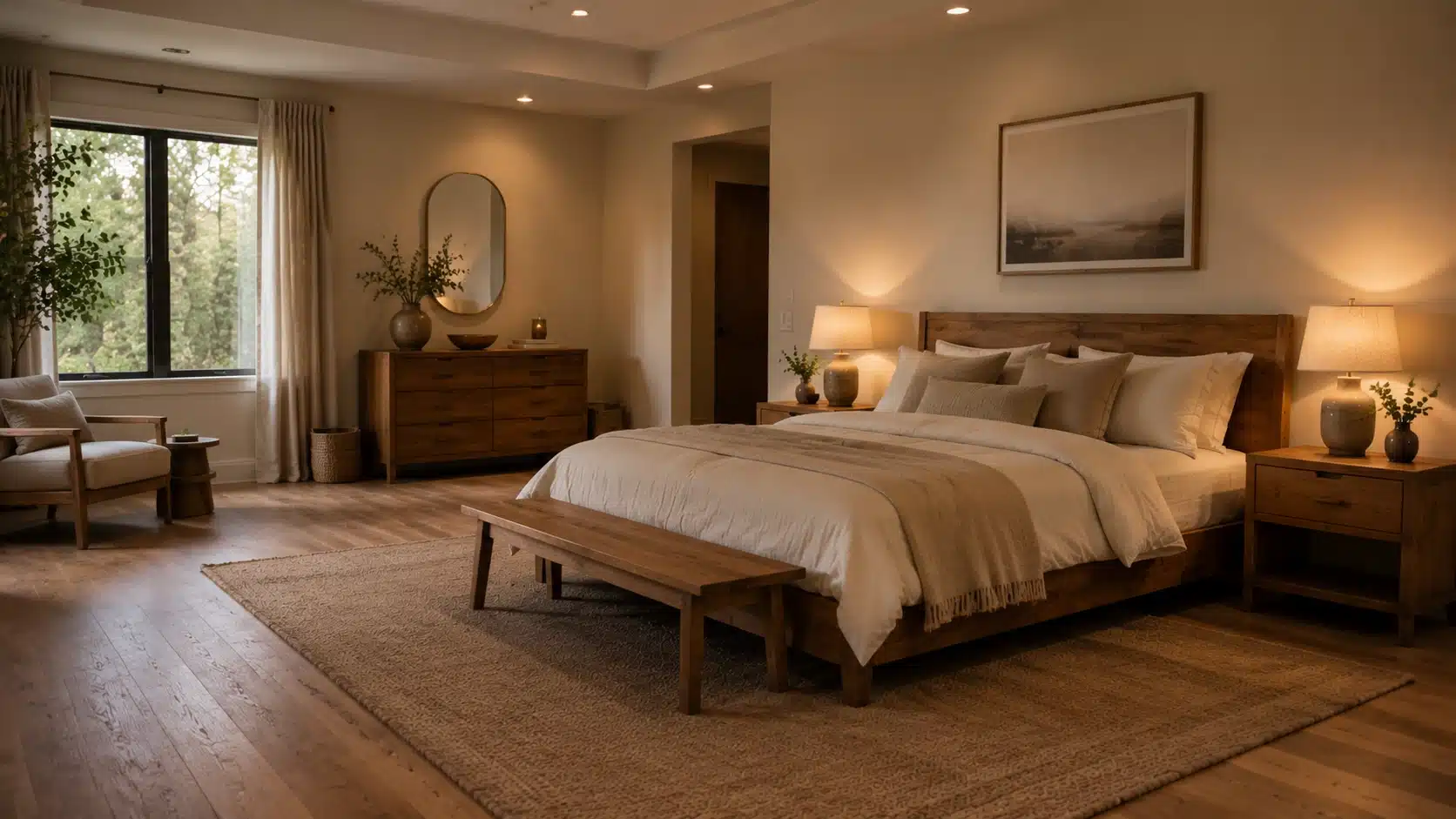 Spacious bedroom featuring natural wood furniture, neutral bedding, and warm textures for a cozy organic feel.